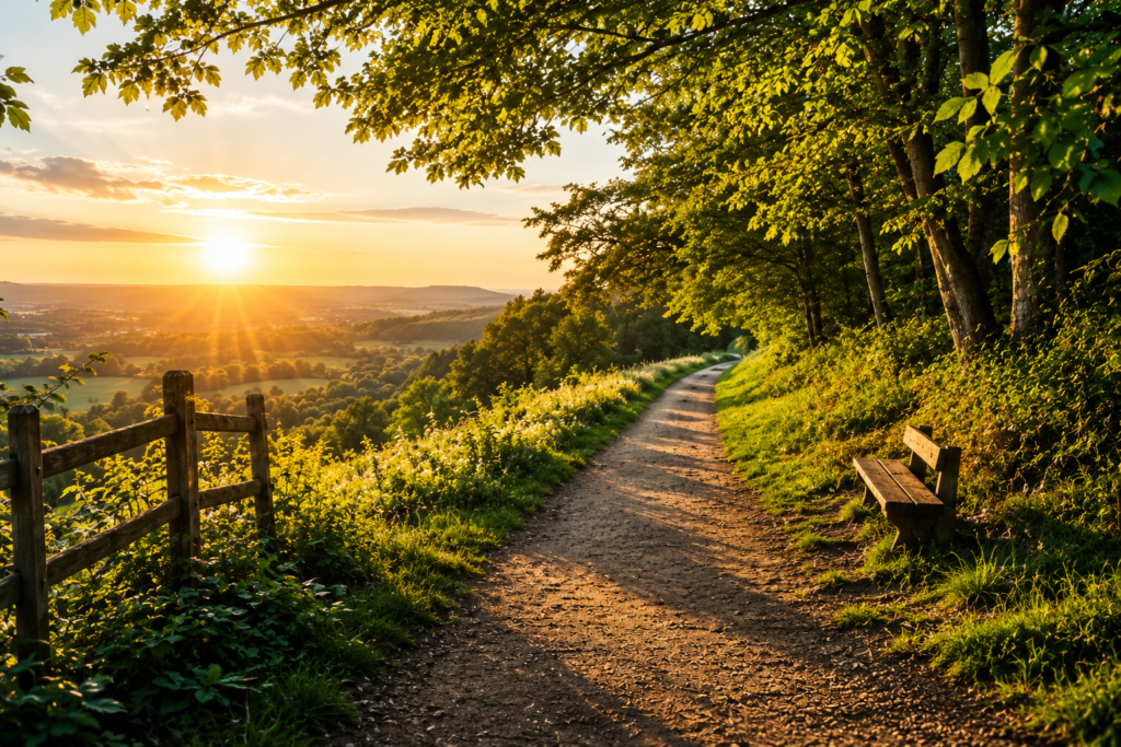 Sunlit countryside walking trail at golden hour surrounded by trees and rolling hills, representing walking for mental health, wellbeing, mindfulness and stress relief.