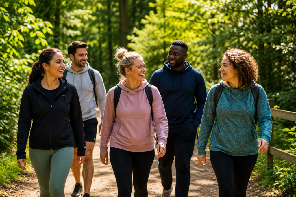 A diverse group of adults walking together on a woodland trail, chatting and smiling, looking natural rather than posed. Bright, uplifting, sunny, optimistic, community-focused. No obvious fitness branding or gym vibes.